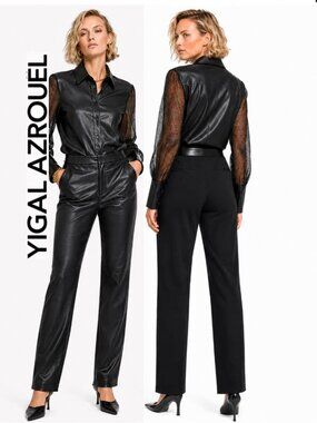 Yigal Azrouel Black Leather Straight-Leg Pants size 8 large